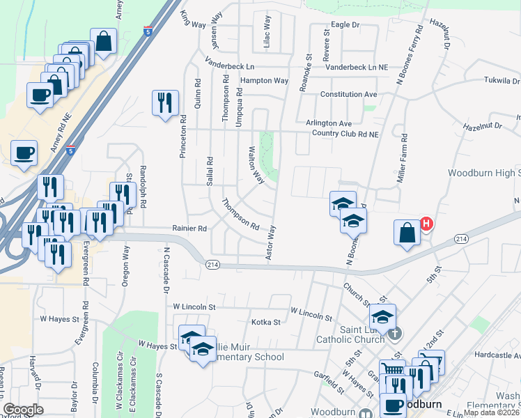 map of restaurants, bars, coffee shops, grocery stores, and more near 1323 Thompson Road in Woodburn