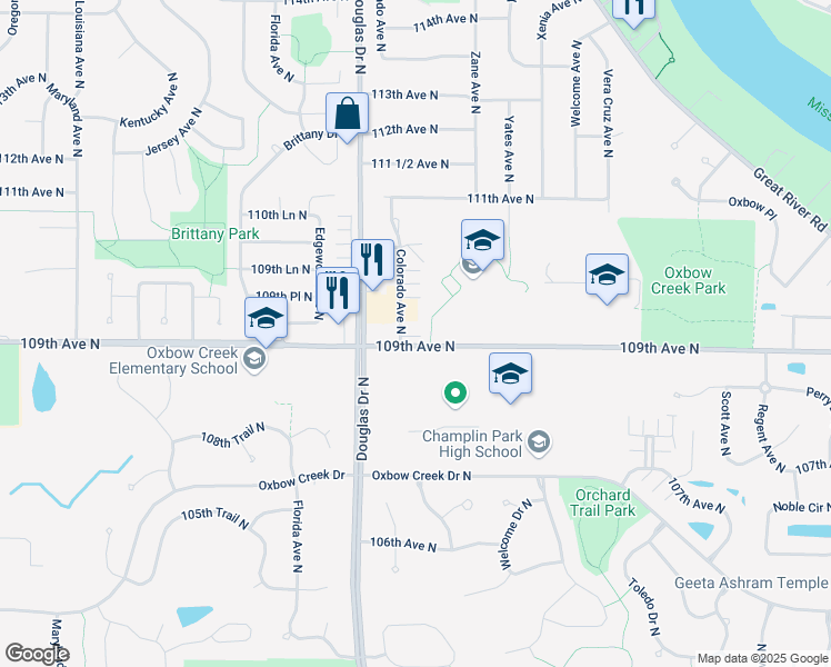 map of restaurants, bars, coffee shops, grocery stores, and more near 10908 Colorado Avenue North in Champlin