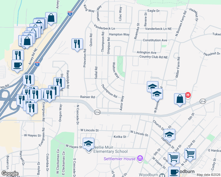 map of restaurants, bars, coffee shops, grocery stores, and more near 1441 Sallal Road in Woodburn