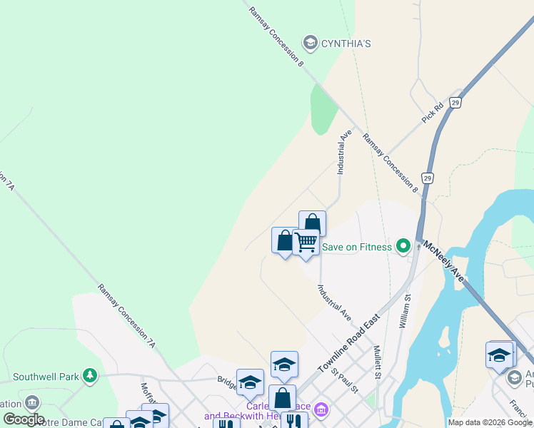 map of restaurants, bars, coffee shops, grocery stores, and more near 5 Bates Drive in Carleton Place