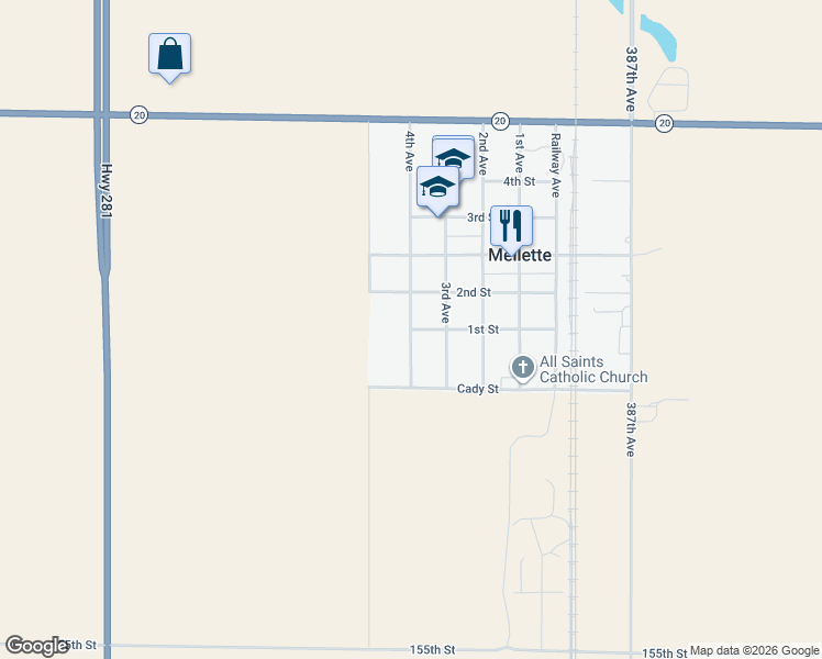 map of restaurants, bars, coffee shops, grocery stores, and more near 40 4th Avenue in Mellette