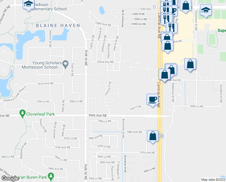 map of restaurants, bars, coffee shops, grocery stores, and more near 1148 100th Avenue Northeast in Blaine