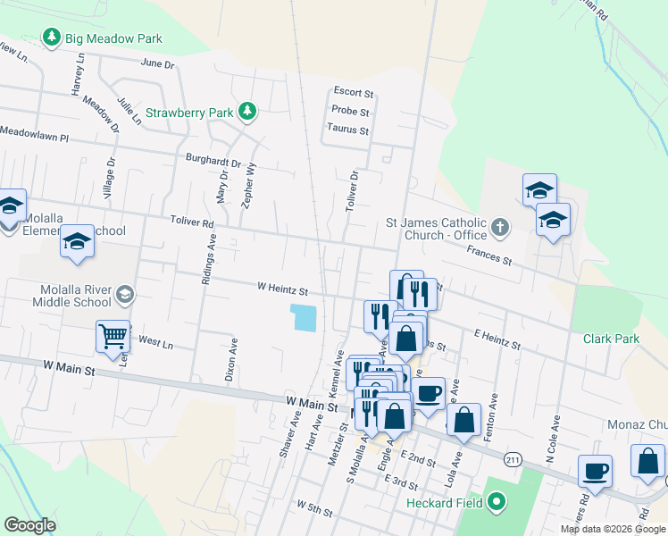 map of restaurants, bars, coffee shops, grocery stores, and more near in Molalla