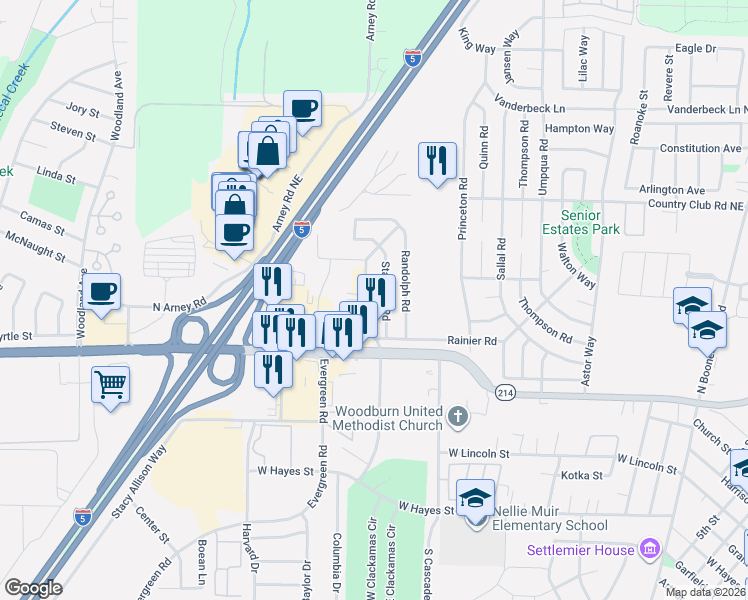 map of restaurants, bars, coffee shops, grocery stores, and more near 2223 Country Club Road in Woodburn
