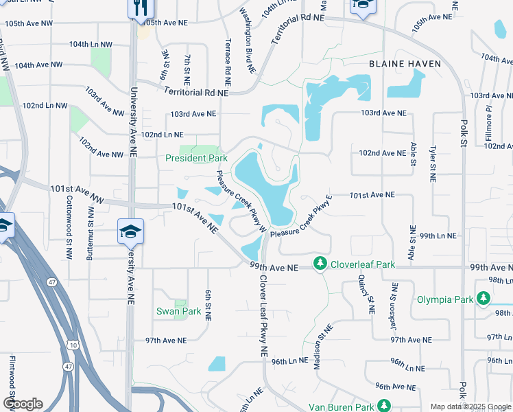 map of restaurants, bars, coffee shops, grocery stores, and more near 10083 Pleasure Creek Parkway West in Blaine