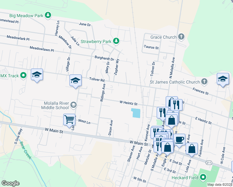 map of restaurants, bars, coffee shops, grocery stores, and more near 480 Toliver Road in Molalla