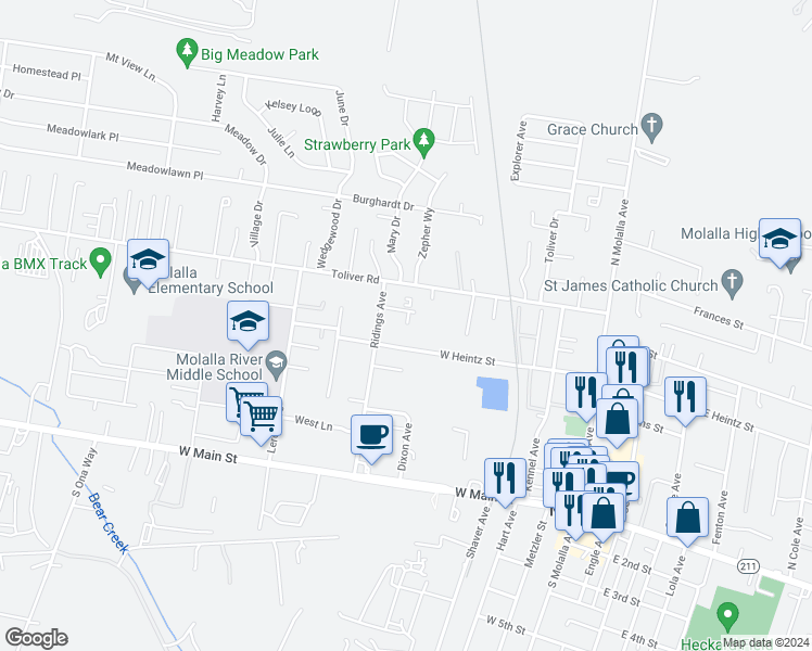 map of restaurants, bars, coffee shops, grocery stores, and more near 509 Ridings Avenue in Molalla