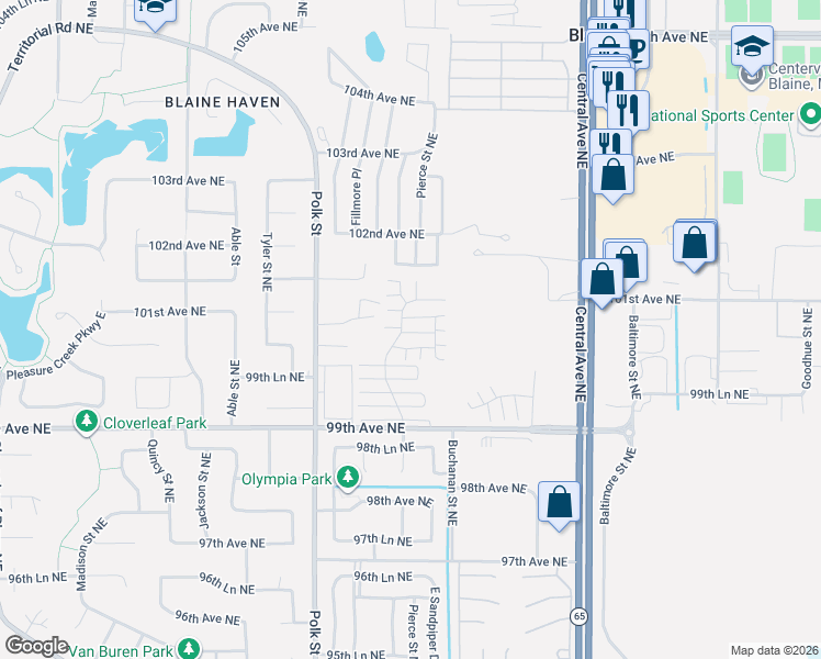 map of restaurants, bars, coffee shops, grocery stores, and more near 1166 100th Lane Northeast in Blaine