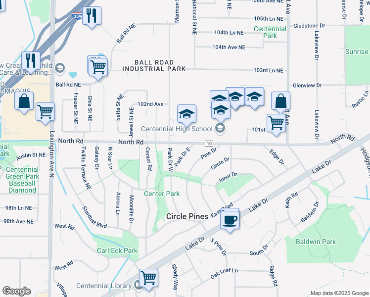 map of restaurants, bars, coffee shops, grocery stores, and more near 11 Park Drive East in Circle Pines