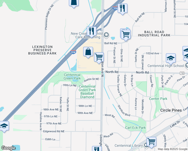 map of restaurants, bars, coffee shops, grocery stores, and more near 4161 Austin Street Northeast in Circle Pines
