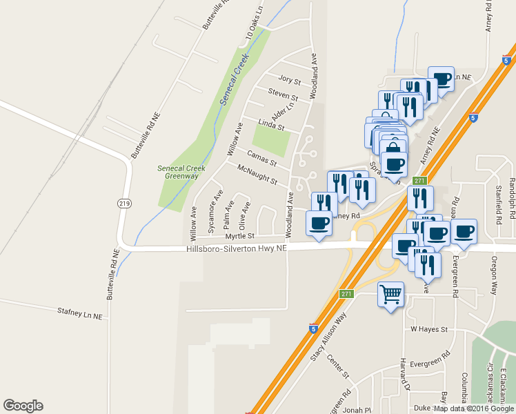map of restaurants, bars, coffee shops, grocery stores, and more near 311 Cedar Avenue in Woodburn