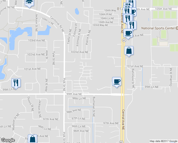 map of restaurants, bars, coffee shops, grocery stores, and more near 1166 100th Lane Northeast in Blaine