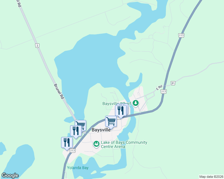 map of restaurants, bars, coffee shops, grocery stores, and more near 44 Bay Street in Baysville