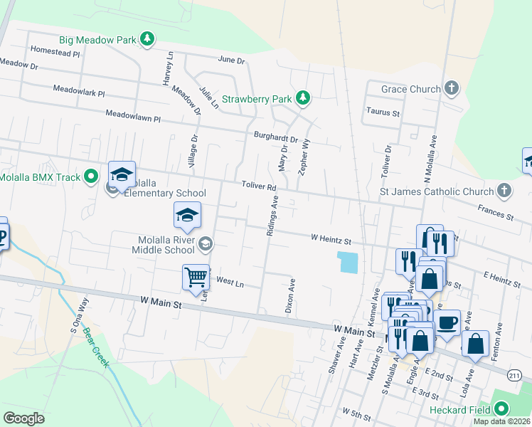 map of restaurants, bars, coffee shops, grocery stores, and more near 505 Kae Court in Molalla