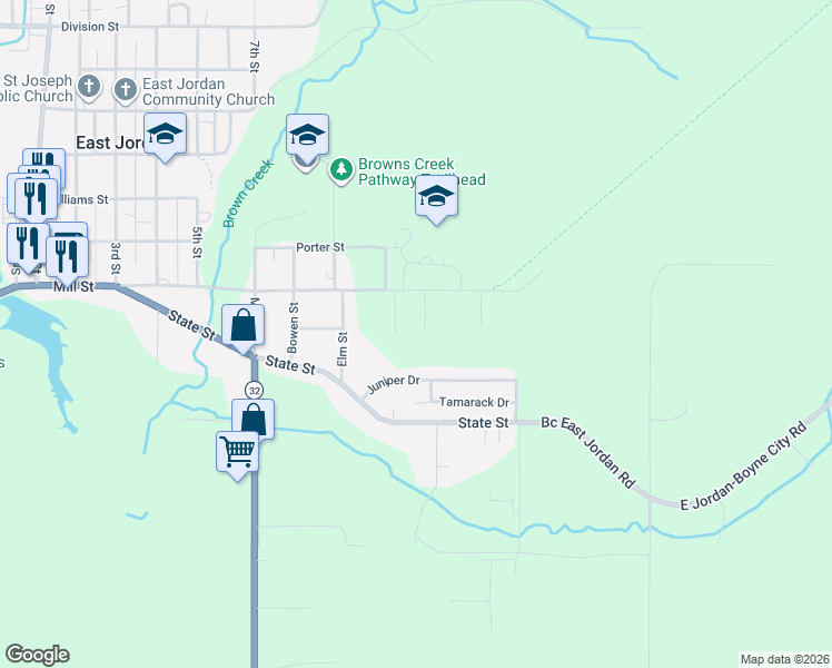 map of restaurants, bars, coffee shops, grocery stores, and more near 112 Amber Lane in East Jordan
