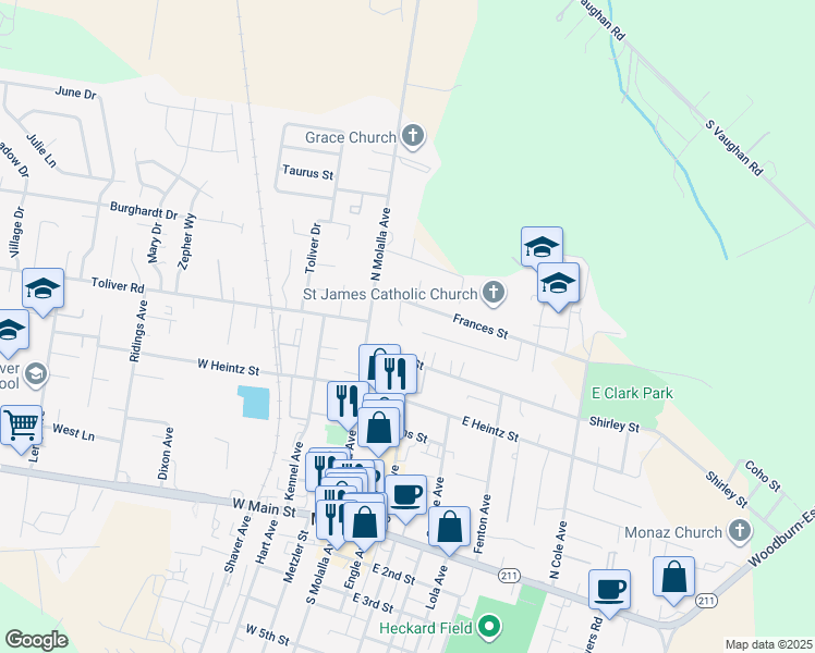map of restaurants, bars, coffee shops, grocery stores, and more near 205 Christopher Court in Molalla