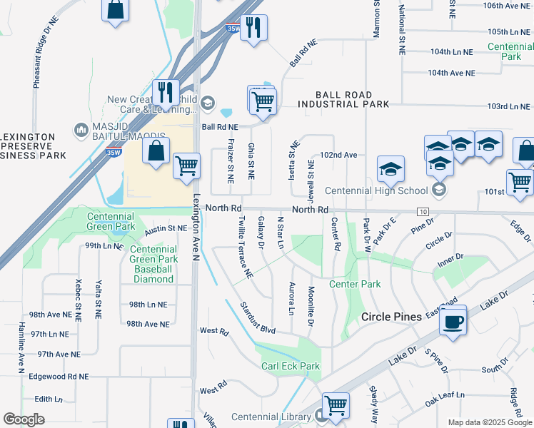 map of restaurants, bars, coffee shops, grocery stores, and more near 266 Galaxy Drive in Circle Pines