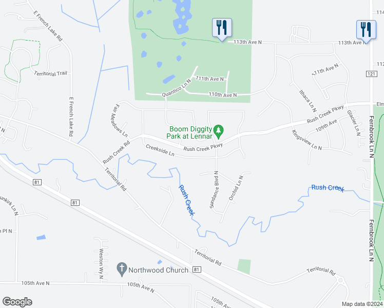 map of restaurants, bars, coffee shops, grocery stores, and more near 15510 Creekside Lane in Osseo