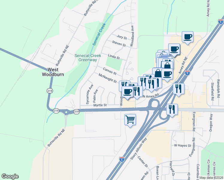 map of restaurants, bars, coffee shops, grocery stores, and more near 388 Acacia Avenue in Woodburn