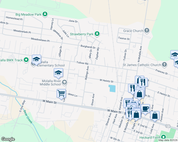 map of restaurants, bars, coffee shops, grocery stores, and more near 509 Ridings Avenue in Molalla