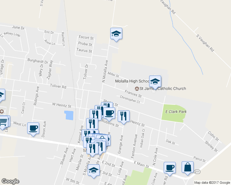 map of restaurants, bars, coffee shops, grocery stores, and more near 205 Christopher Court in Molalla