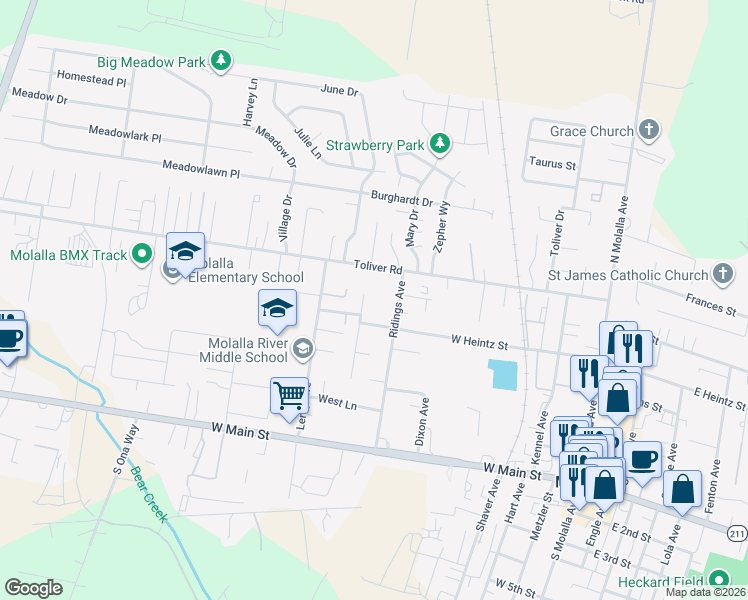 map of restaurants, bars, coffee shops, grocery stores, and more near 505 Kae Ct in Molalla