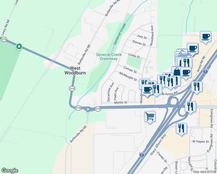 map of restaurants, bars, coffee shops, grocery stores, and more near 376 Sycamore Avenue in Woodburn
