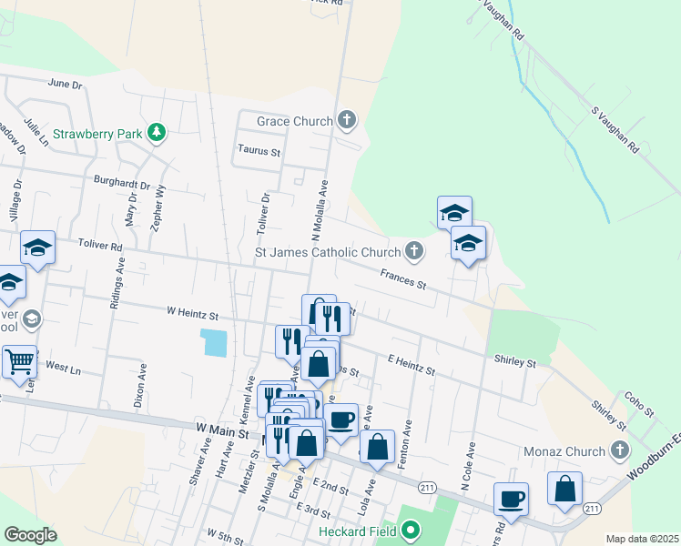 map of restaurants, bars, coffee shops, grocery stores, and more near 205 Christopher Court in Molalla