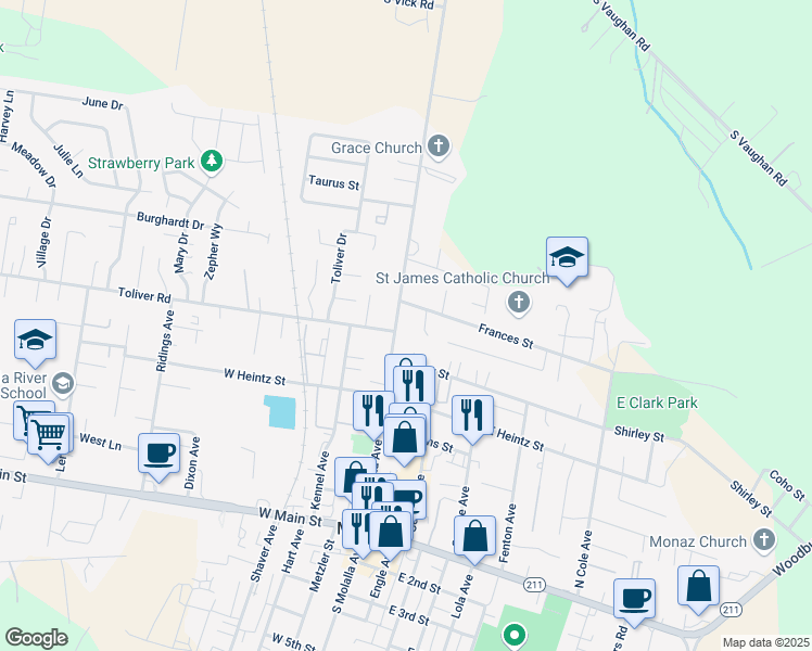 map of restaurants, bars, coffee shops, grocery stores, and more near 621 North Molalla Avenue in Molalla