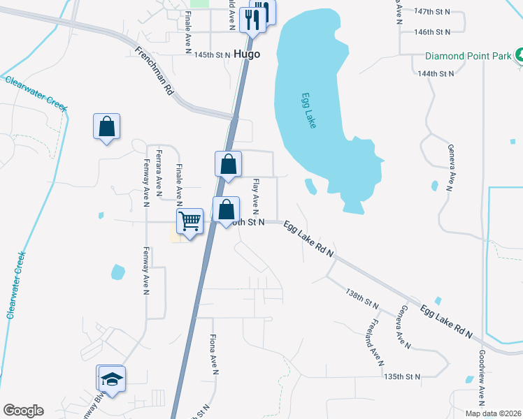 map of restaurants, bars, coffee shops, grocery stores, and more near 14015 Flay Avenue North in Hugo