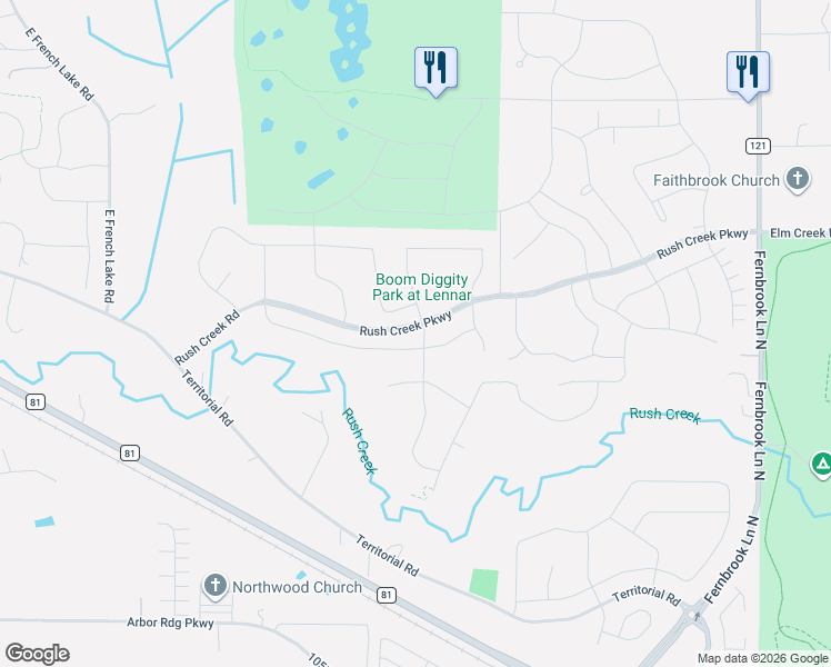 map of restaurants, bars, coffee shops, grocery stores, and more near 15430 Creekside Lane in Osseo