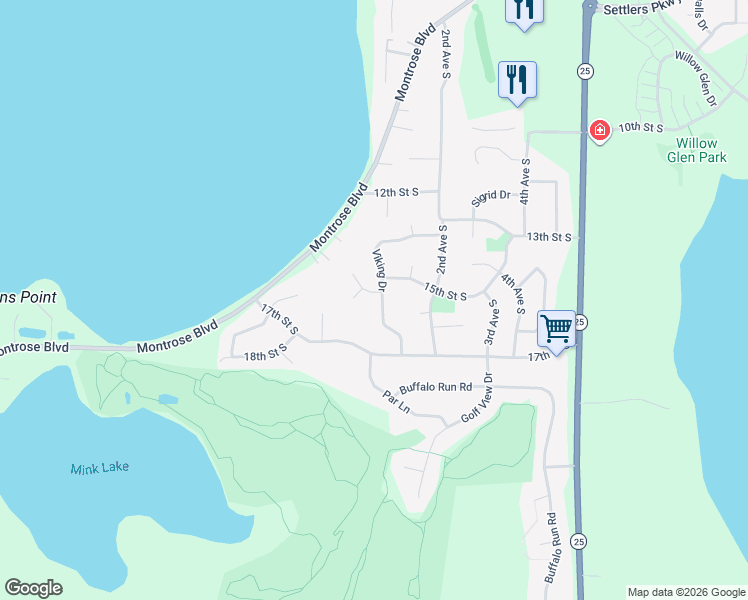 map of restaurants, bars, coffee shops, grocery stores, and more near 1507 Viking Drive in Buffalo