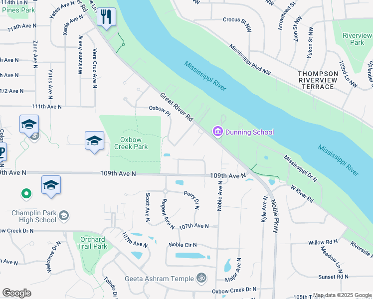 map of restaurants, bars, coffee shops, grocery stores, and more near 5000 109th Place North in Champlin