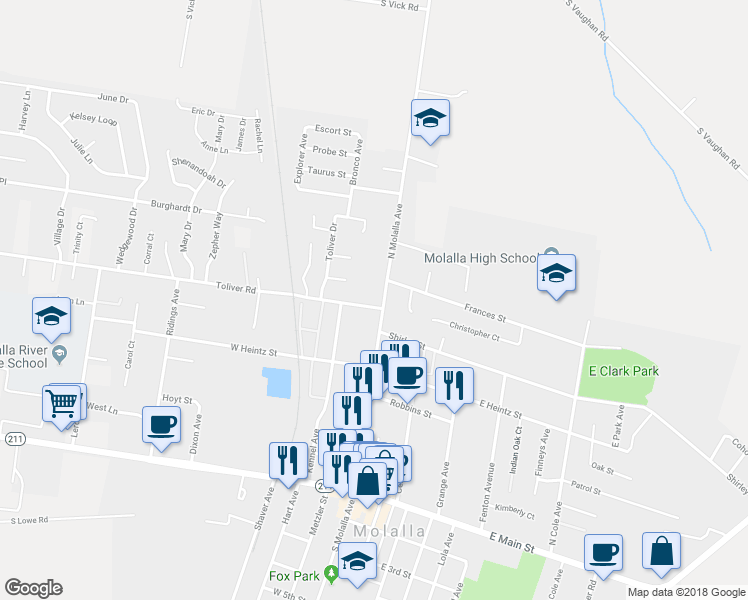 map of restaurants, bars, coffee shops, grocery stores, and more near 101 Toliver Road in Molalla