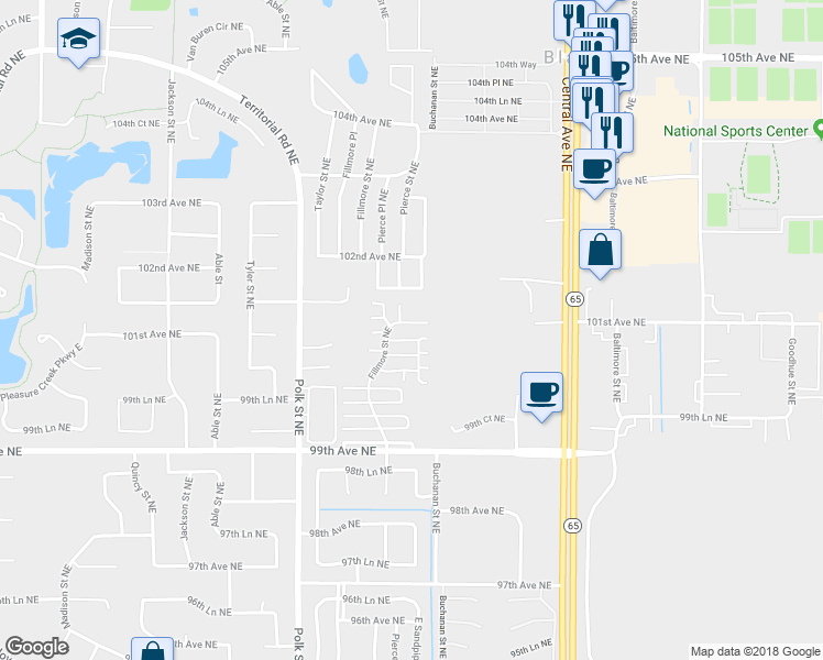 map of restaurants, bars, coffee shops, grocery stores, and more near 1166 100th Lane Northeast in Blaine