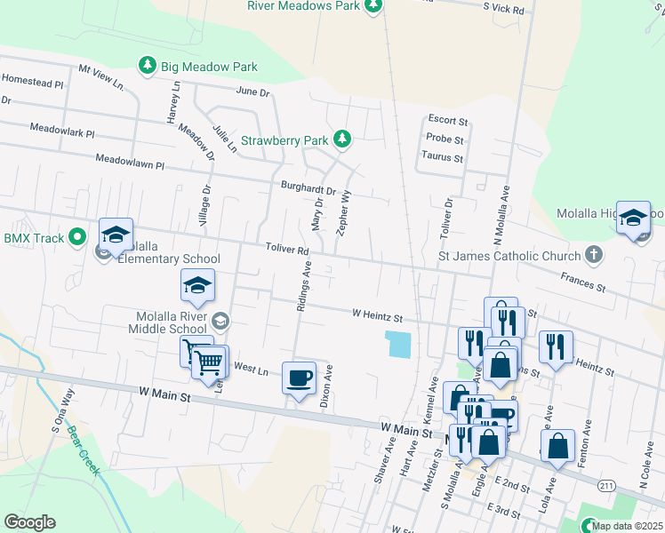 map of restaurants, bars, coffee shops, grocery stores, and more near 511 Ridings Avenue in Molalla