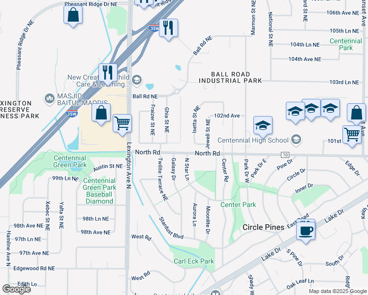 map of restaurants, bars, coffee shops, grocery stores, and more near 266 Galaxy Drive in Circle Pines
