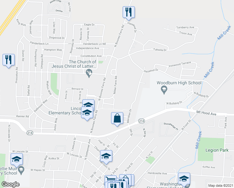 map of restaurants, bars, coffee shops, grocery stores, and more near 1000 Goose Creek Road in Woodburn