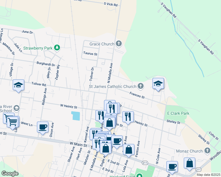 map of restaurants, bars, coffee shops, grocery stores, and more near 621 North Molalla Avenue in Molalla