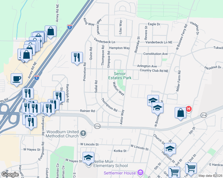 map of restaurants, bars, coffee shops, grocery stores, and more near 1421 Umpqua Road in Woodburn
