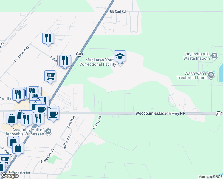 map of restaurants, bars, coffee shops, grocery stores, and more near 2155 Molalla Road in Woodburn