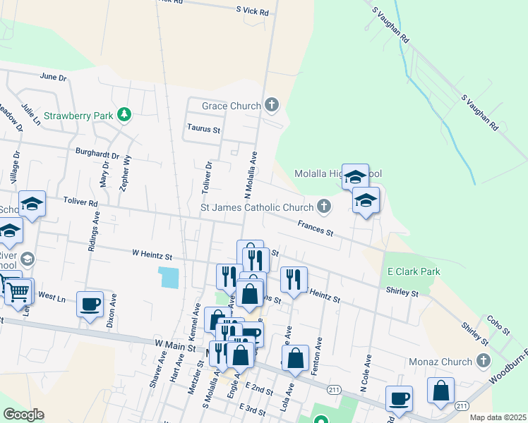 map of restaurants, bars, coffee shops, grocery stores, and more near 114 Frances Street in Molalla