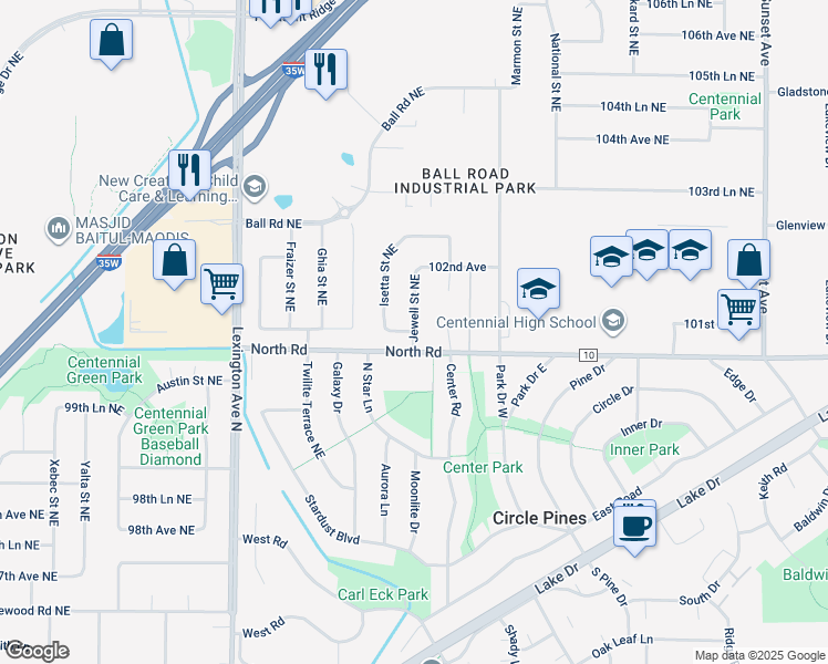 map of restaurants, bars, coffee shops, grocery stores, and more near 4864 101st Lane Northeast in Circle Pines