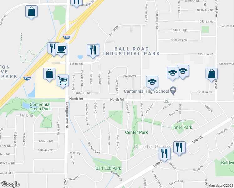 map of restaurants, bars, coffee shops, grocery stores, and more near 4884 101st Lane Northeast in Circle Pines