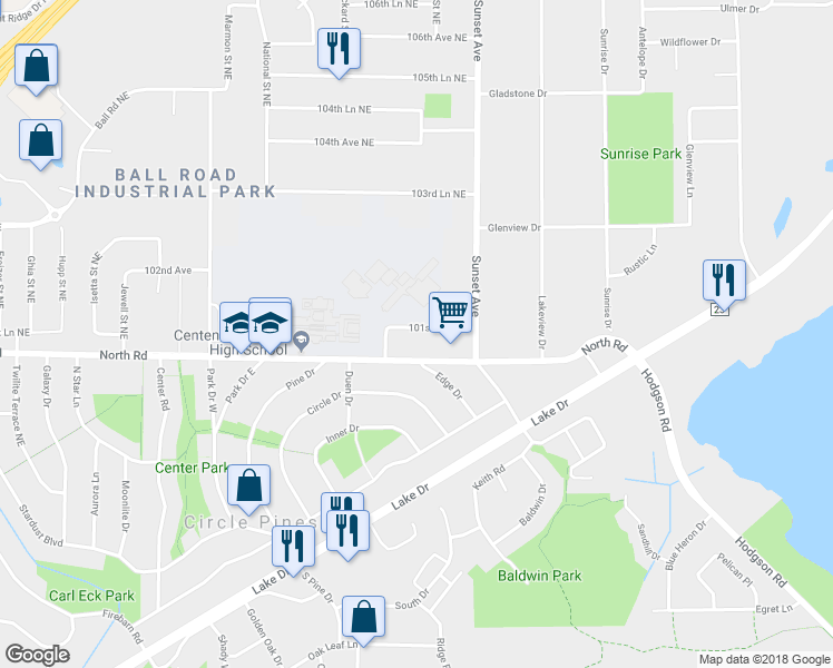 map of restaurants, bars, coffee shops, grocery stores, and more near 4904 101st Lane in Circle Pines