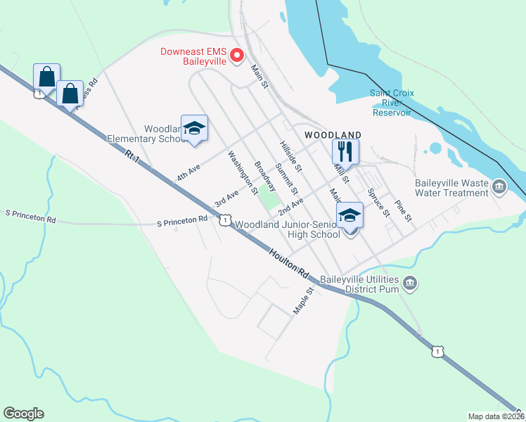 map of restaurants, bars, coffee shops, grocery stores, and more near 31 Washington Street in Baileyville