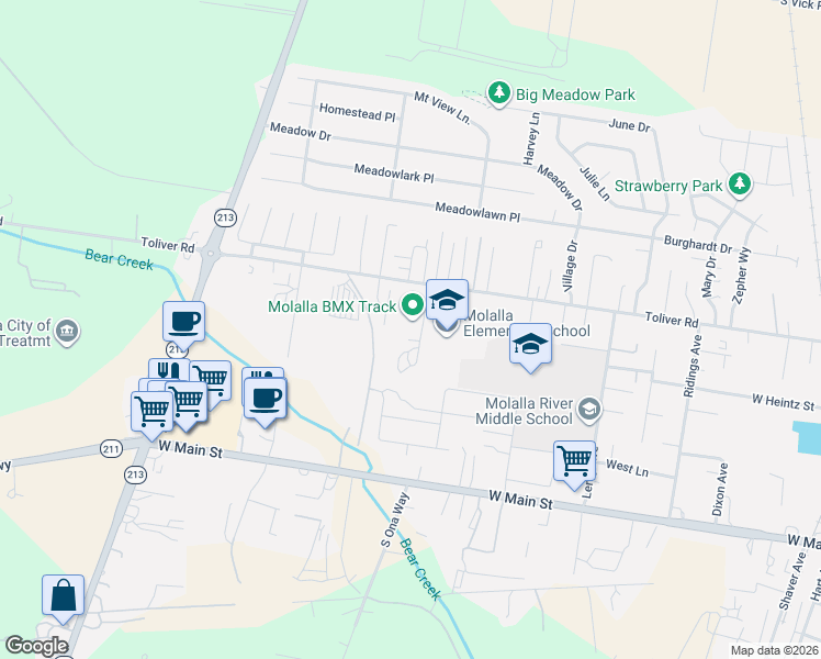 map of restaurants, bars, coffee shops, grocery stores, and more near 549 Andrian Drive in Molalla