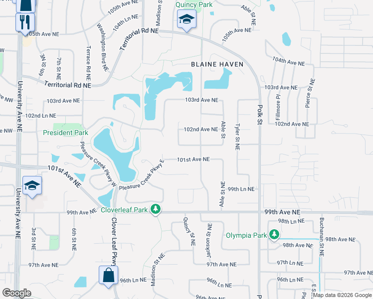 map of restaurants, bars, coffee shops, grocery stores, and more near 749 101st Lane Northeast in Blaine