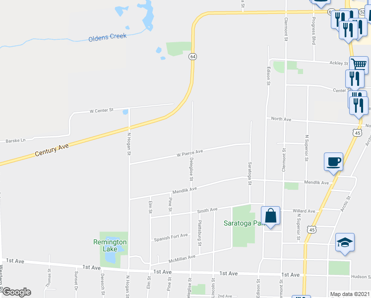 map of restaurants, bars, coffee shops, grocery stores, and more near 1600 Deleglise Street in Antigo