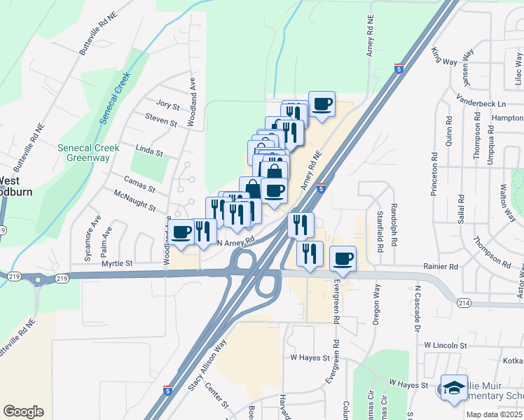 map of restaurants, bars, coffee shops, grocery stores, and more near 777 North Arney Road in Woodburn